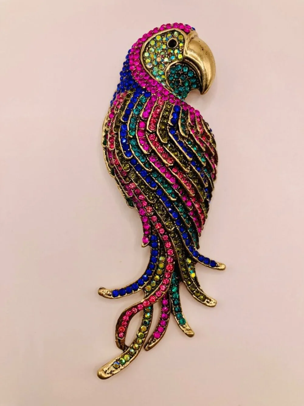 Colorful Rhinestone Parrot Brooch Pin Gold-Tone Metal -55B
